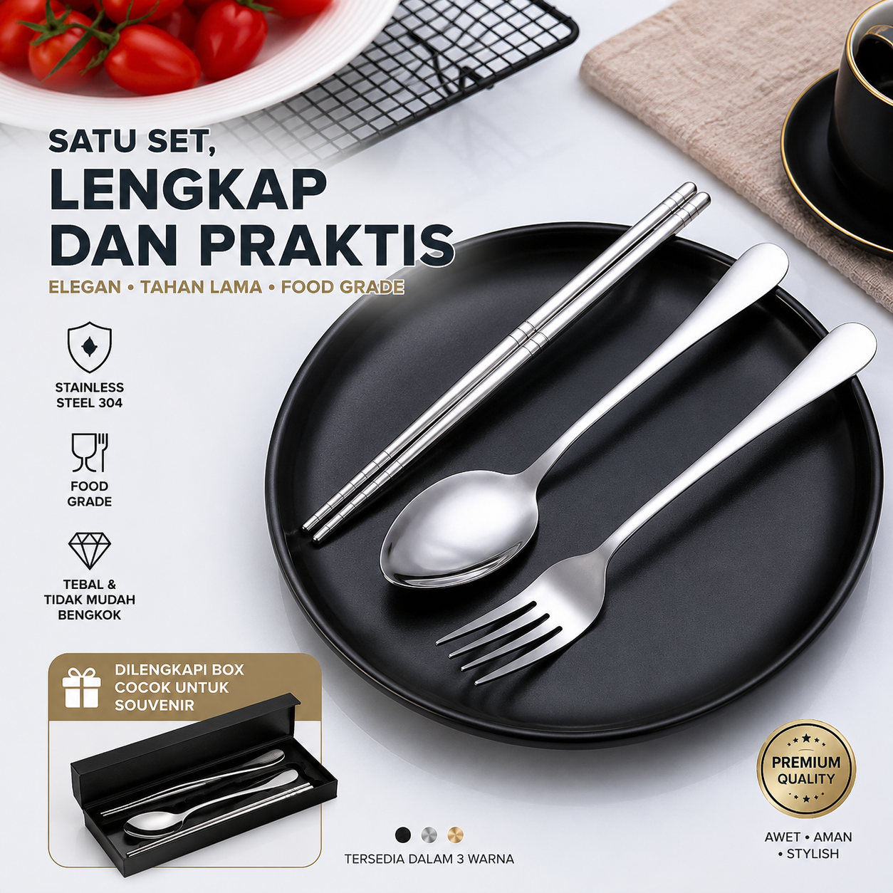 Sendok Garpu Sumpit Set Stainless Steel 304 Tebal Food Grade BOX / Souvenir